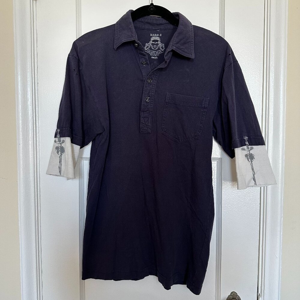 Hard 8 Navy Blue Polo Shirt with Faux Layered Thermal Sleeves Y2K Size Small